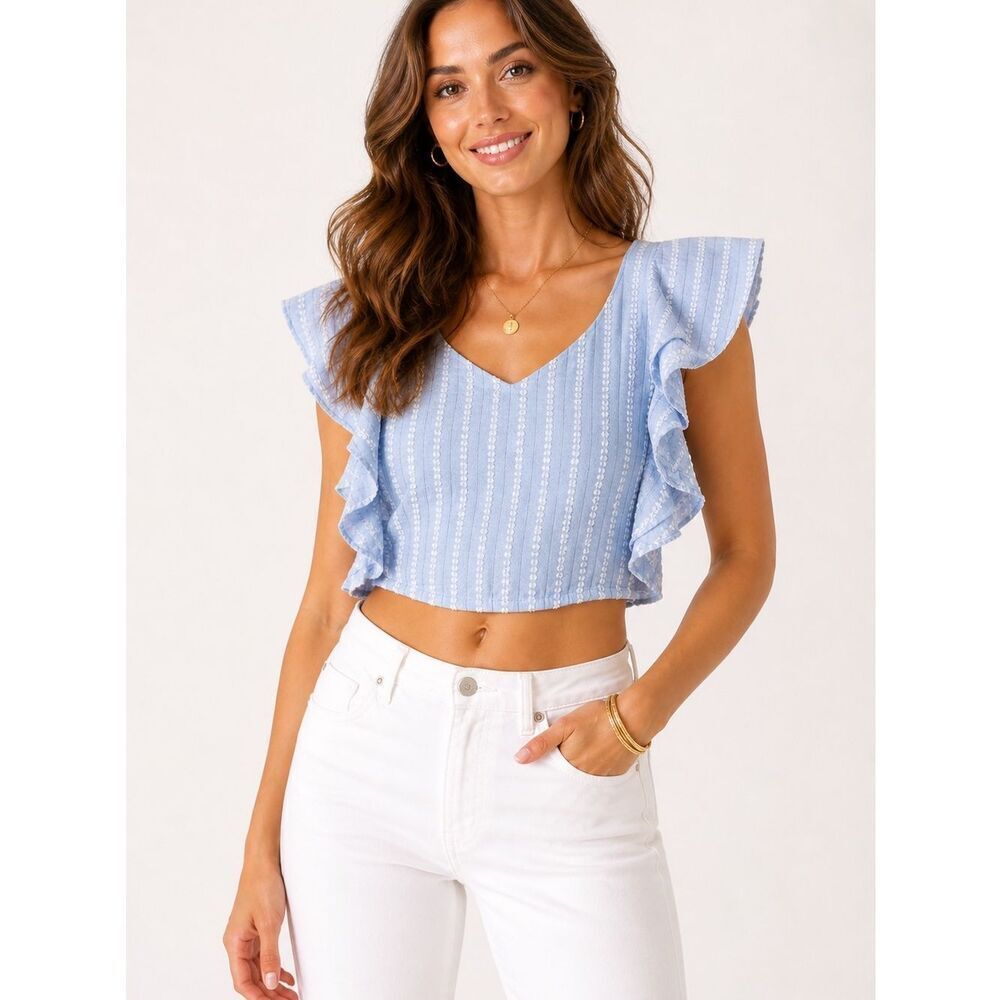 KOCH Blue Ruffle Sleeve Crop Top Textured Cotton Coastal Chic